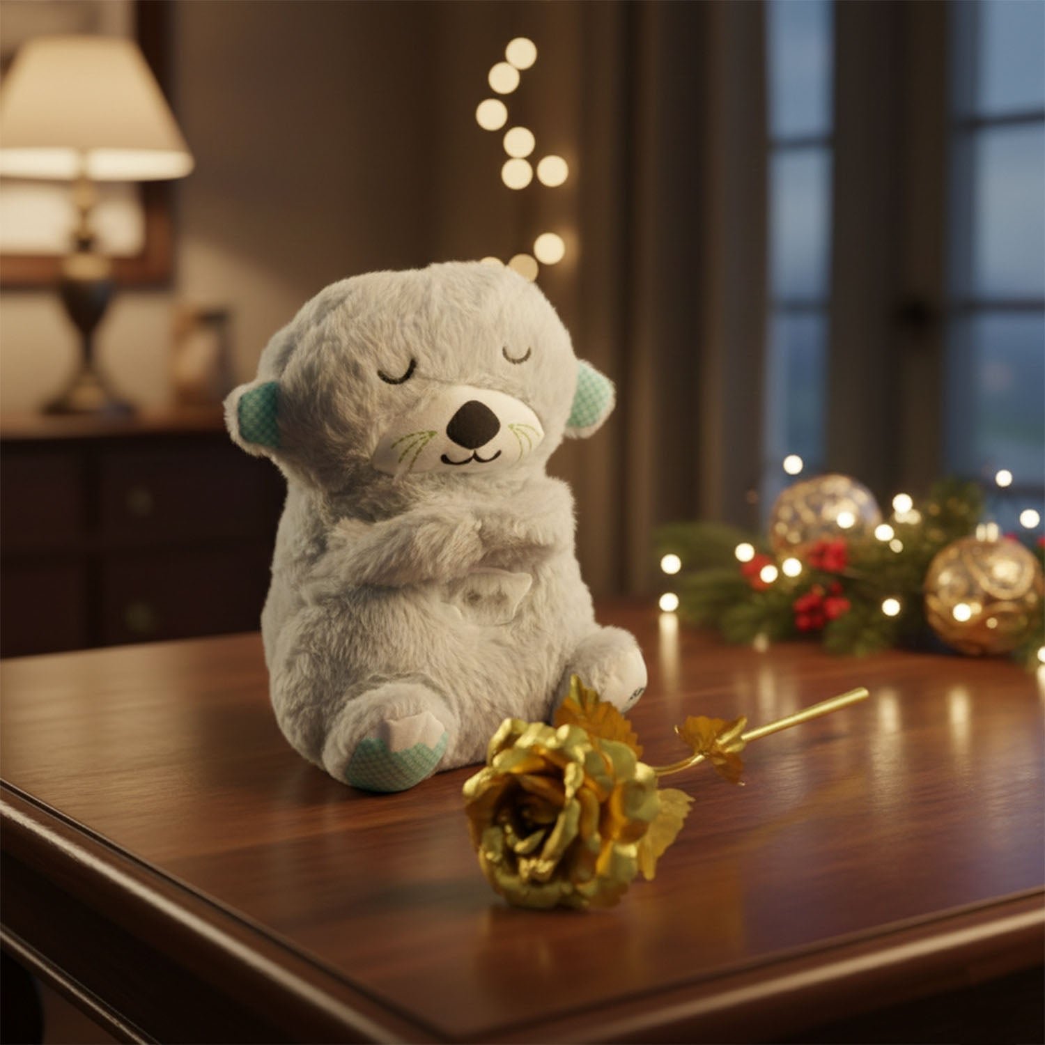 Teddy Bear with Artificial Golden Rose Flower Gift Set (2 Pc)