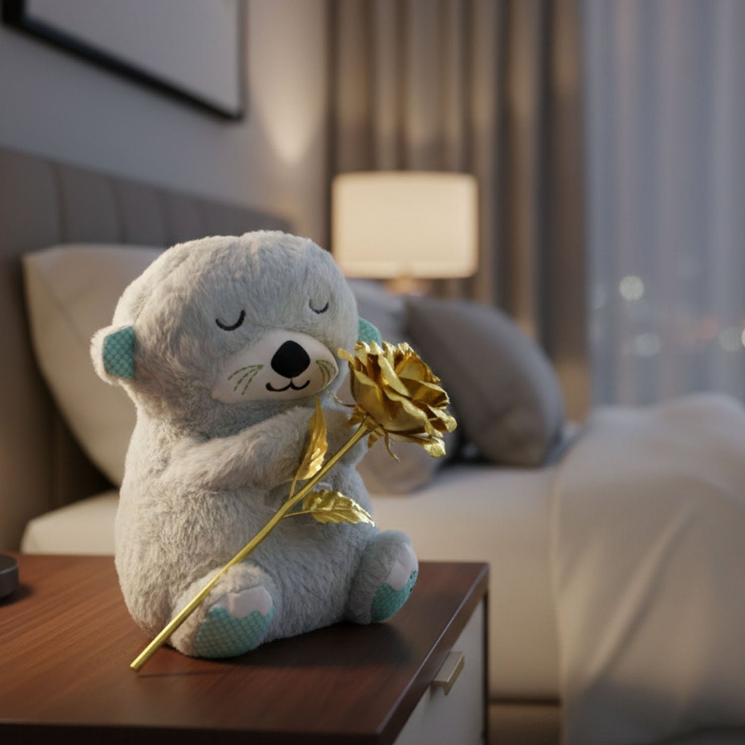 Teddy Bear with Artificial Golden Rose Flower Gift Set (2 Pc)