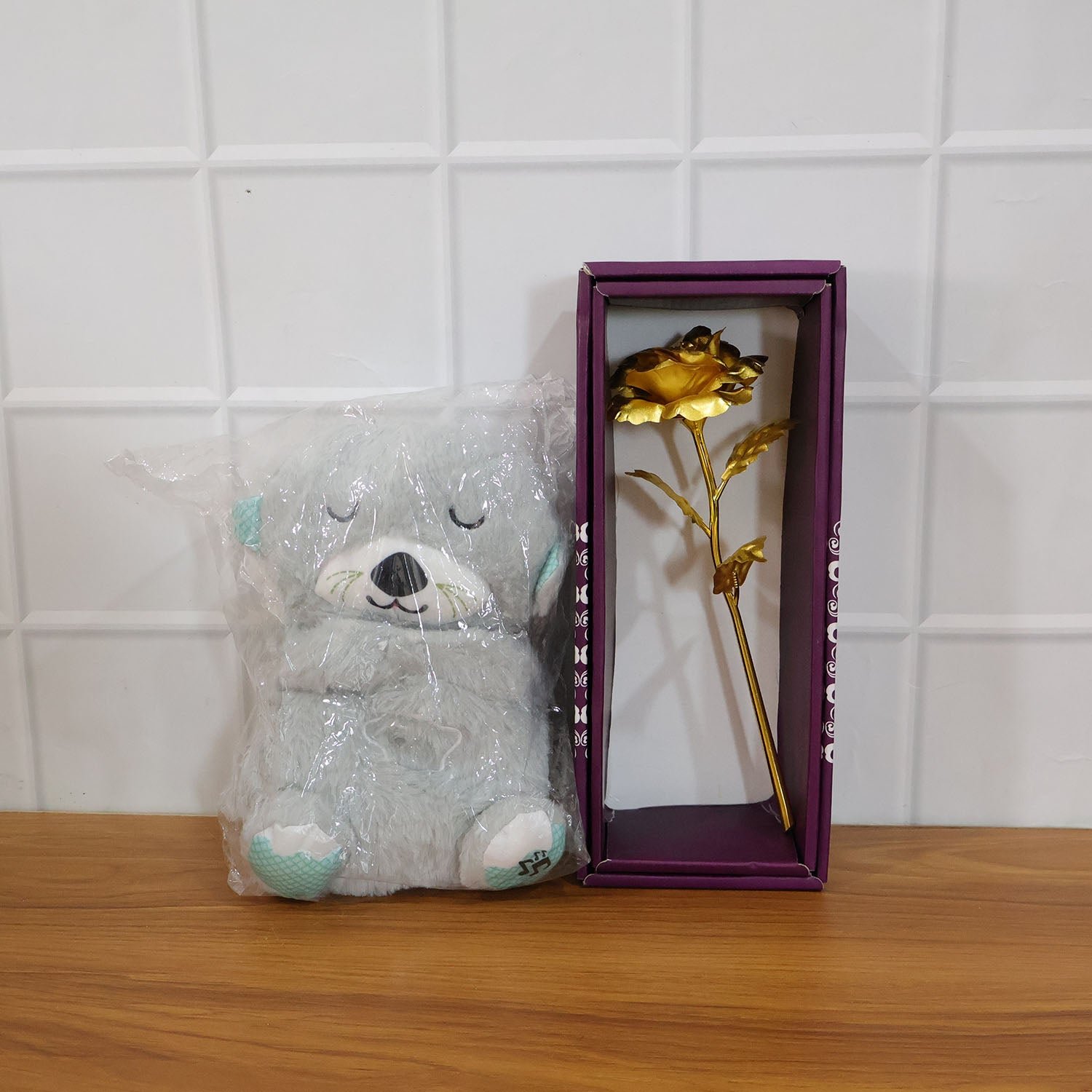 Teddy Bear with Artificial Golden Rose Flower Gift Set (2 Pc)