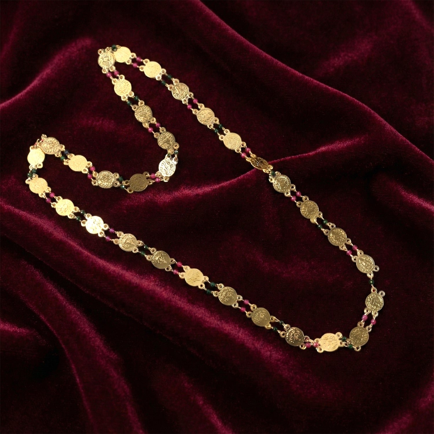 Traditional Gold-Tone Coin Beaded Necklace with Multicolor Accent Beads (1Pc)