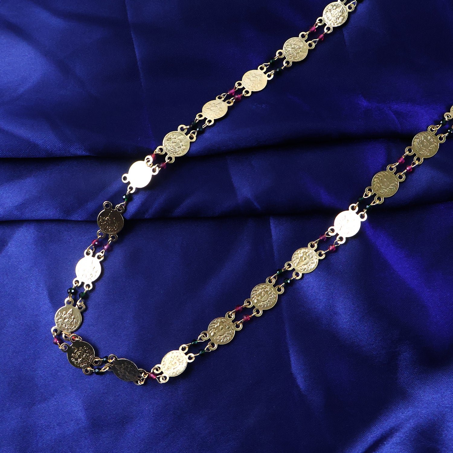 Traditional Gold-Tone Coin Beaded Necklace with Multicolor Accent Beads (1Pc)