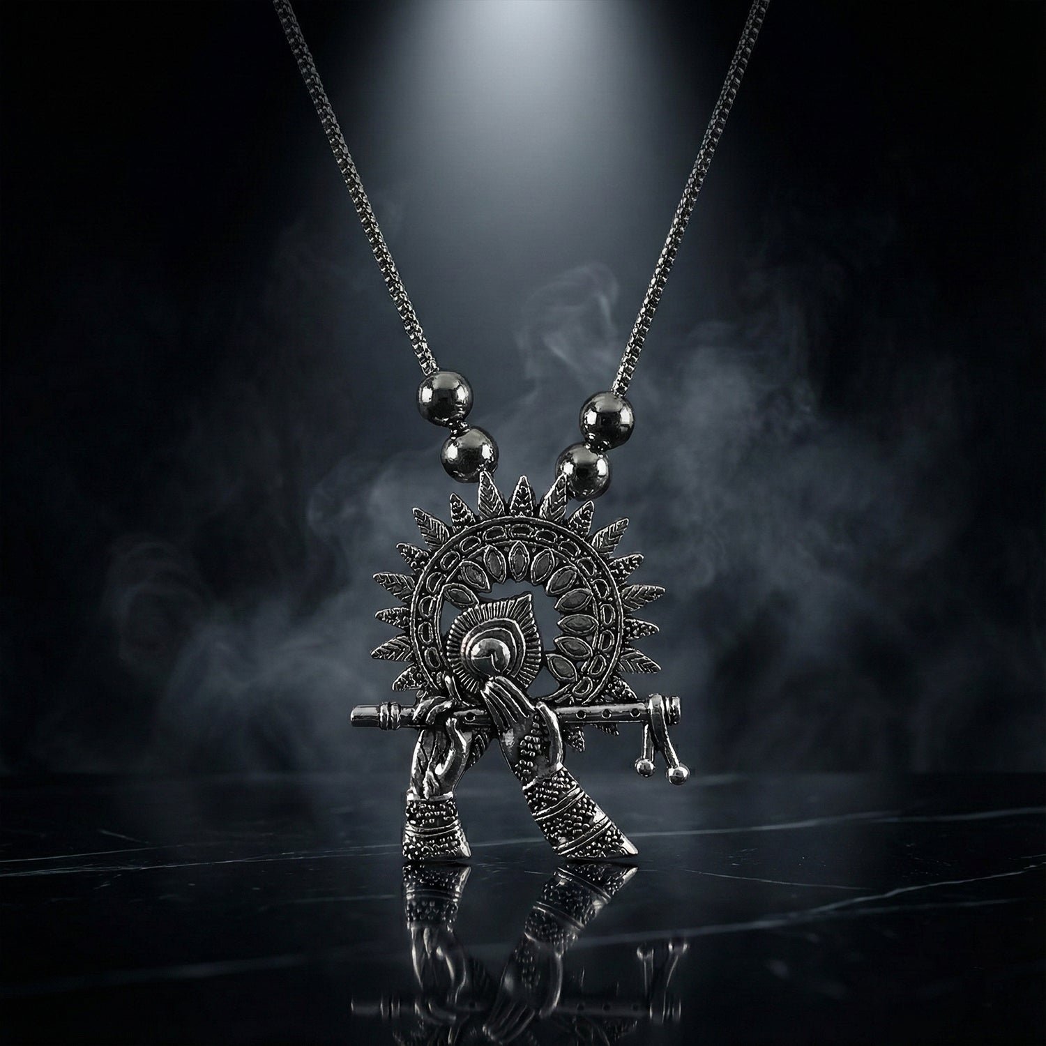 Oxidised Silver Finish Krishna Flute Pendant Necklace (1 Pc)