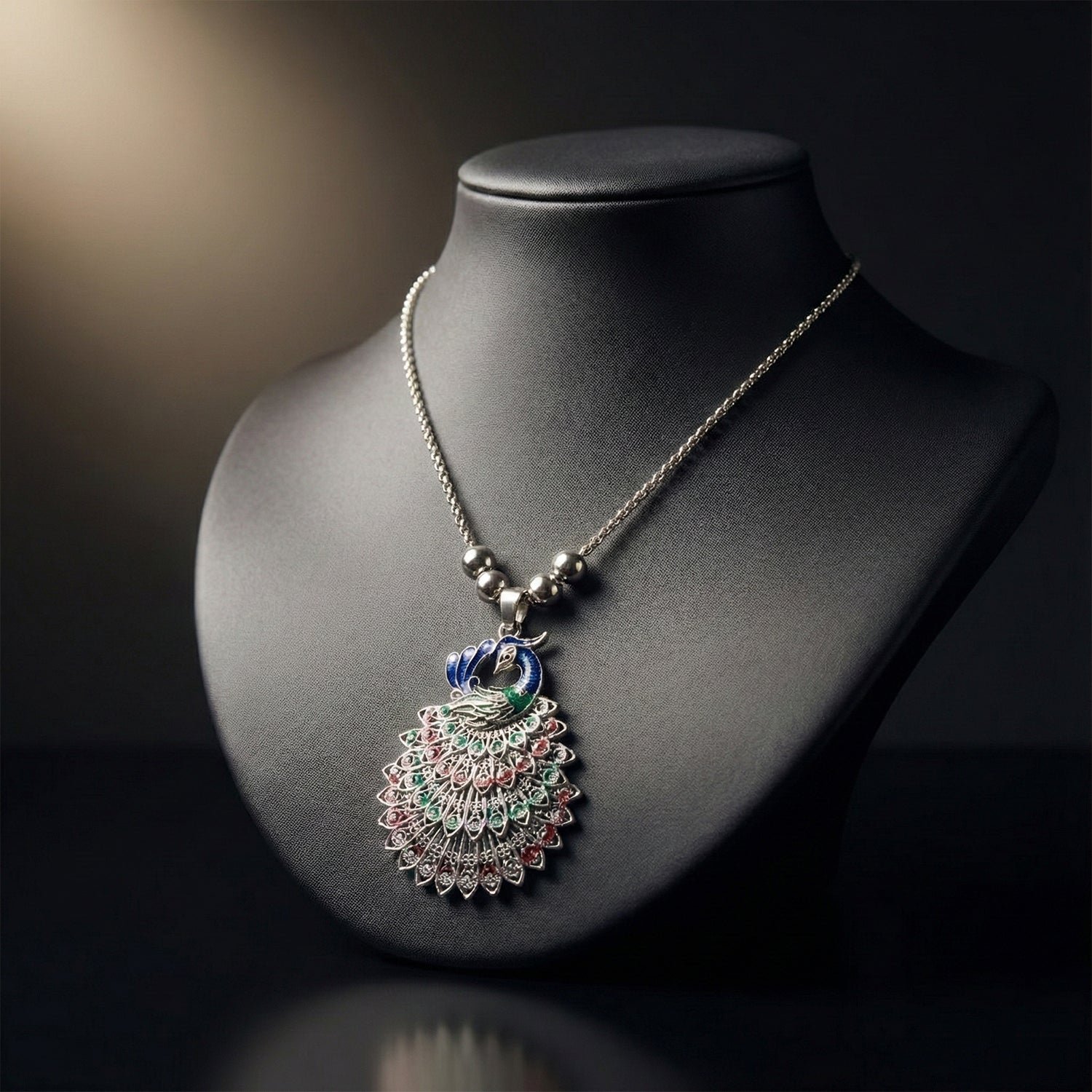 Antique Silver-Tone Peacock Design Oxidized Pendant Necklace (1 Pc)