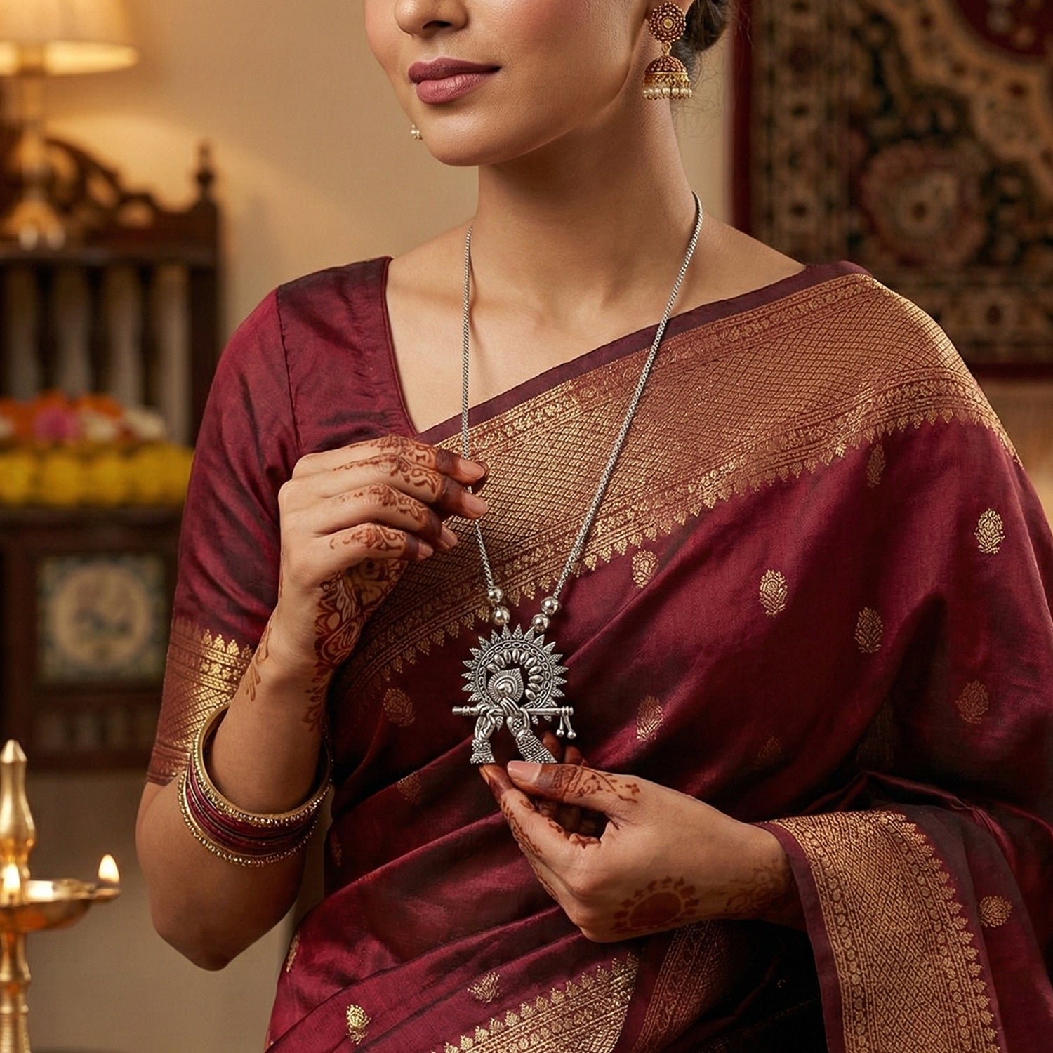 Oxidised Silver Finish Krishna Flute Pendant Necklace (1 Pc)