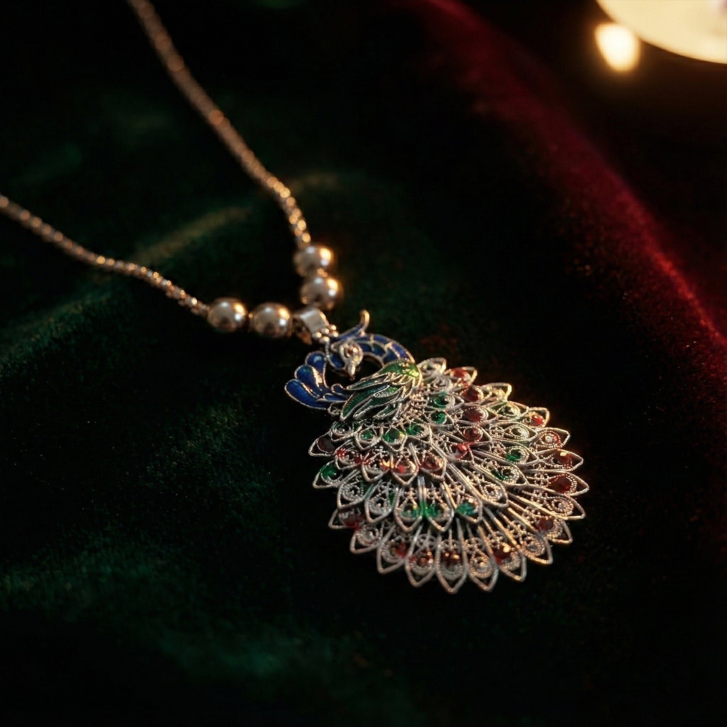 Antique Silver-Tone Peacock Design Oxidized Pendant Necklace (1 Pc)