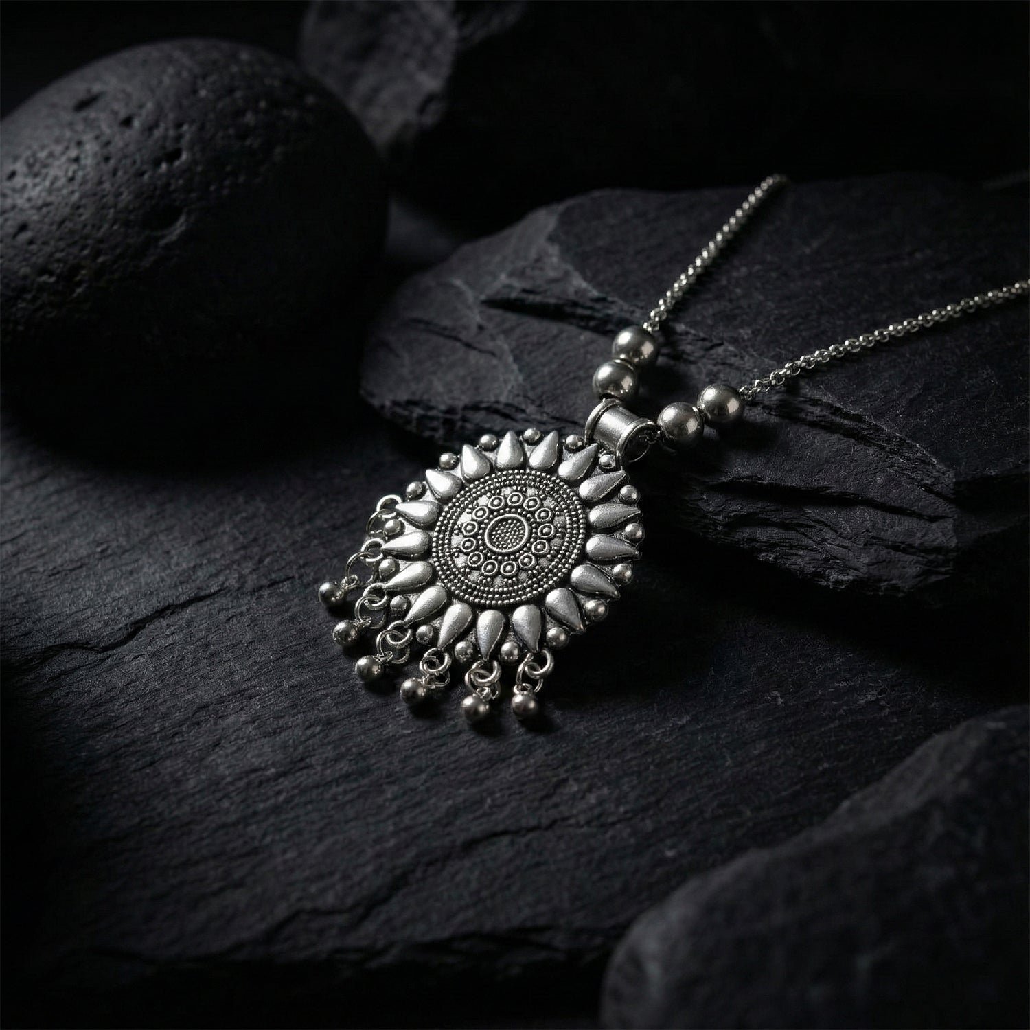 Oxidized Silver Finish Round Sunburst Pendant Necklace (1 Pc)