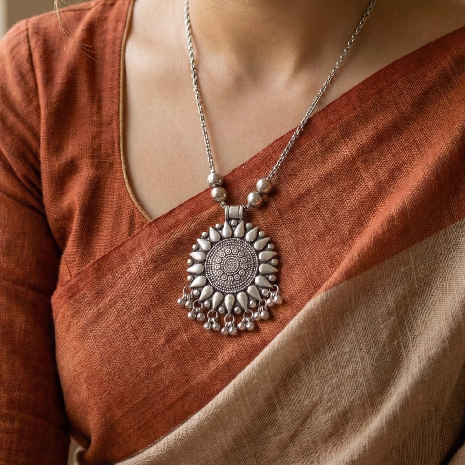 Oxidized Silver Finish Round Sunburst Pendant Necklace (1 Pc)