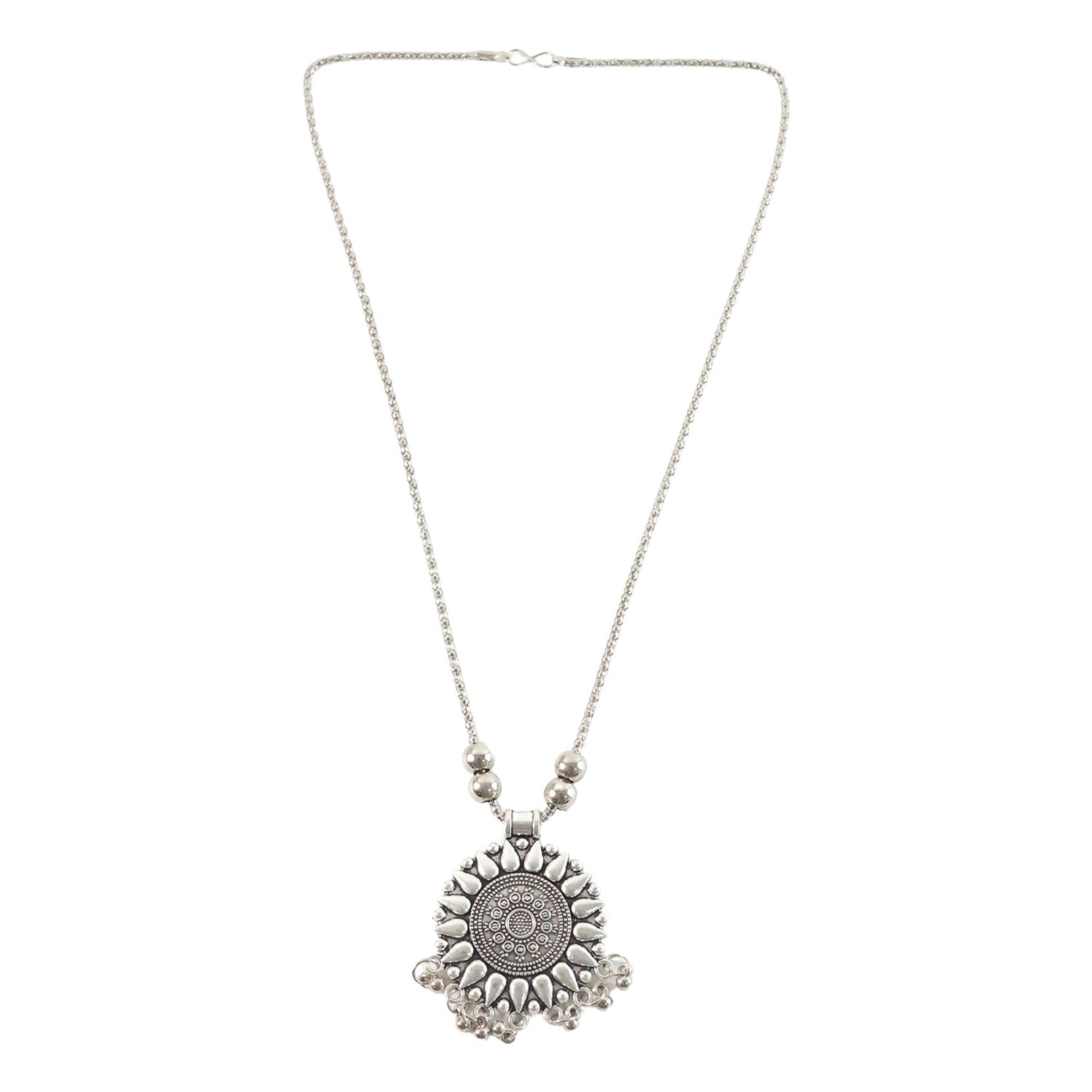 Oxidized Silver Finish Round Sunburst Pendant Necklace (1 Pc)