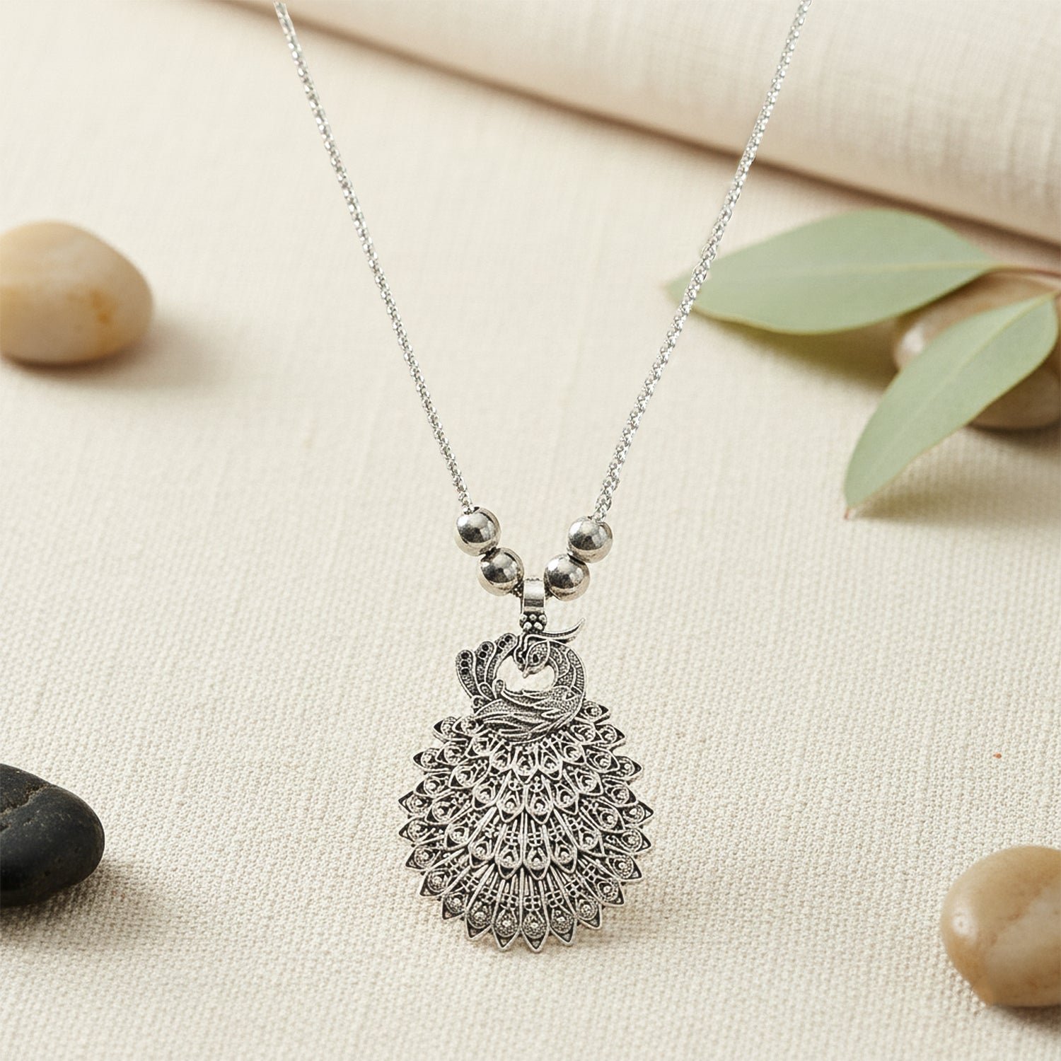 Elegant Peacock Design Oxidised Silver Finish Pendant Necklace (1 Pc)