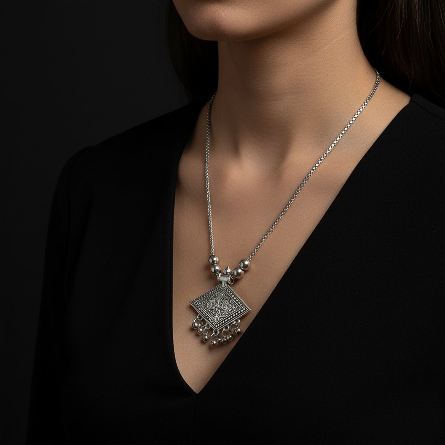 Antique Silver-Tone Square Floral Motif Oxidized Pendant Necklace (1 Pc)