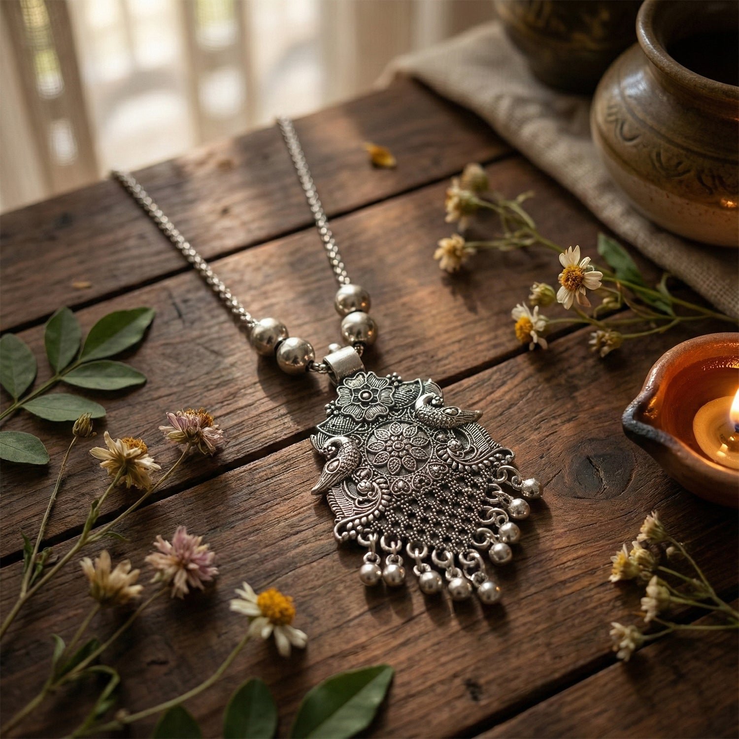 Oxidized Silver Finish Floral Motif Statement Pendant Necklace (1 Pc)