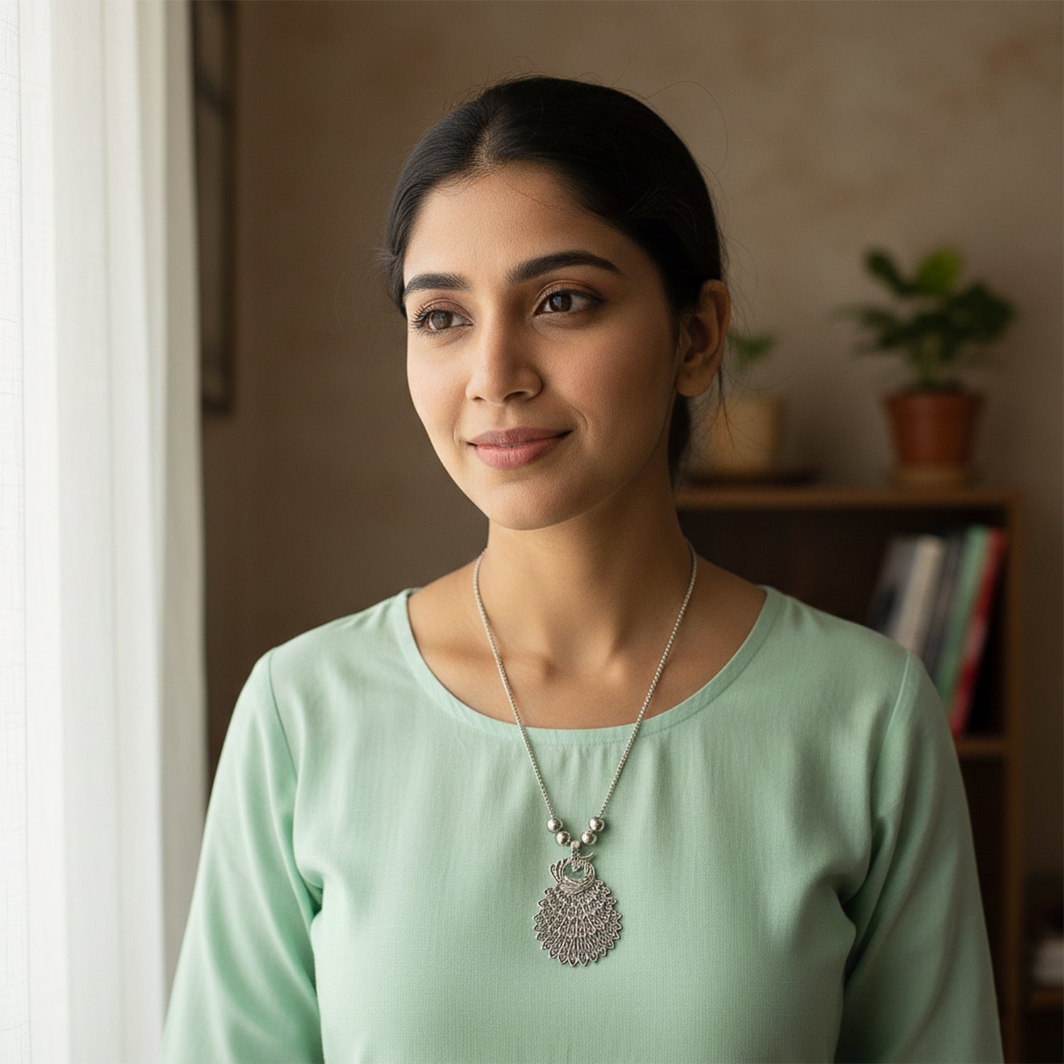 Elegant Peacock Design Oxidised Silver Finish Pendant Necklace (1 Pc)