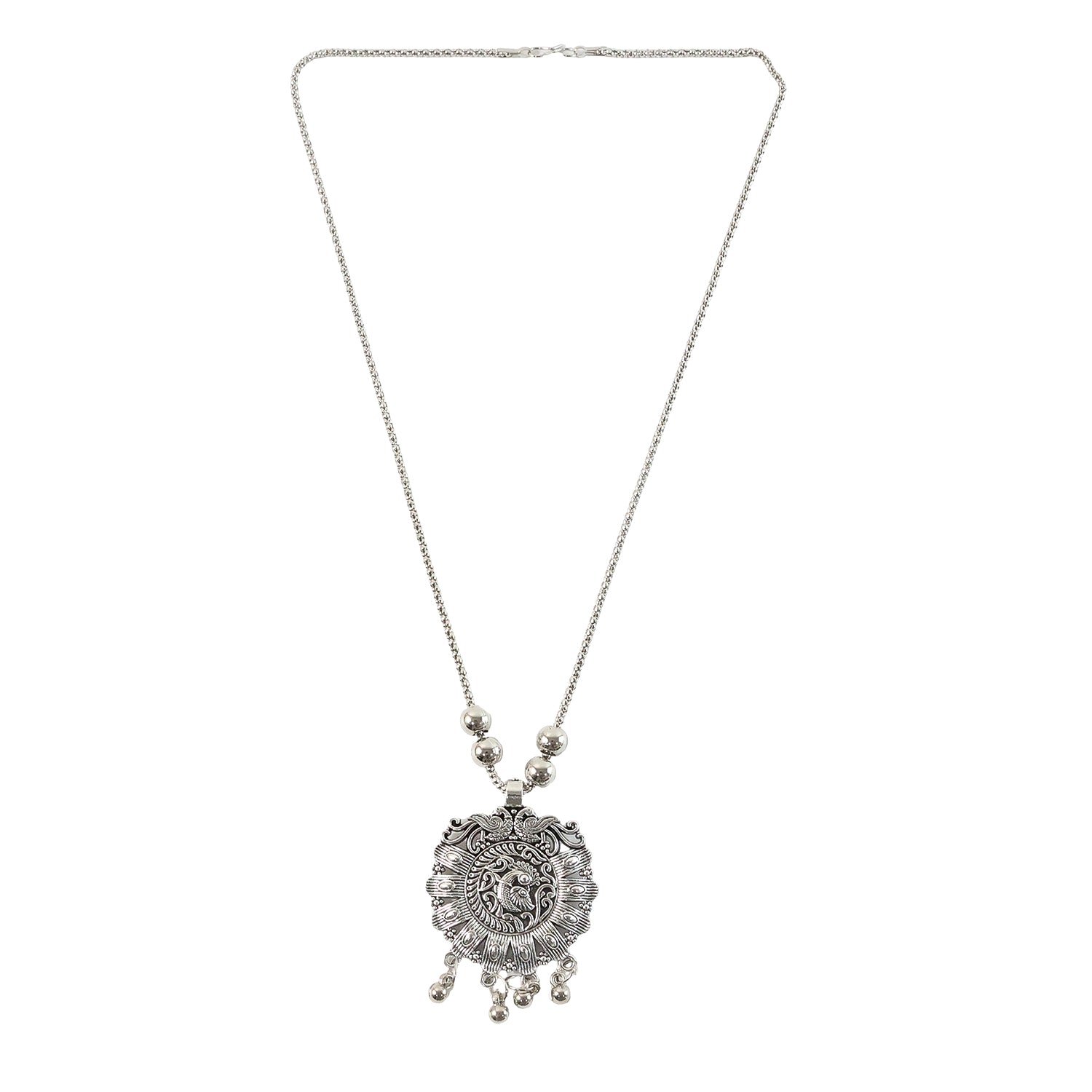Antique Silver-Tone Oxidized Floral Medallion Pendant Necklace (1 Pc)