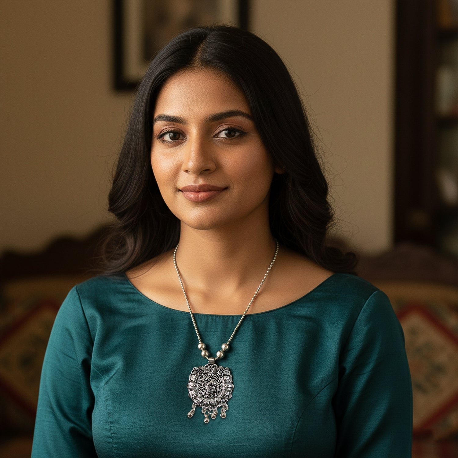 Antique Silver-Tone Oxidized Floral Medallion Pendant Necklace (1 Pc)