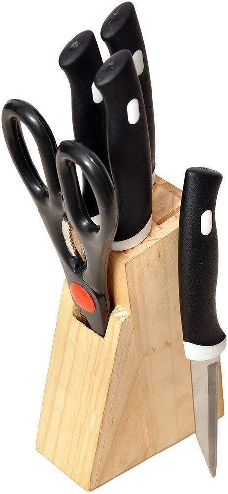 Kitchen Knife Set with Wooden Block and Scissors, Chhari (5 pcs, Black)