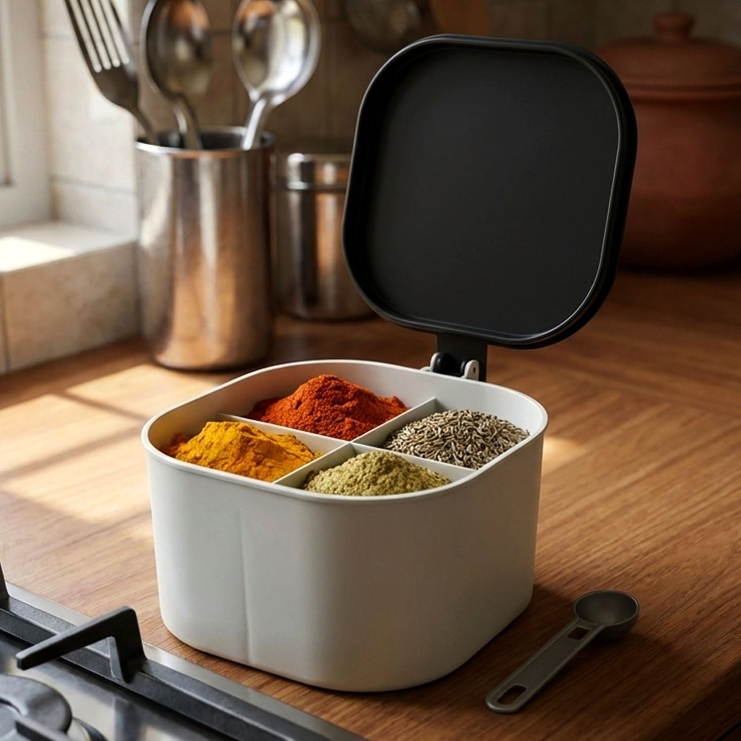 Fancy 4-Section Masala Box for Kitchen Storage (Spice Container)