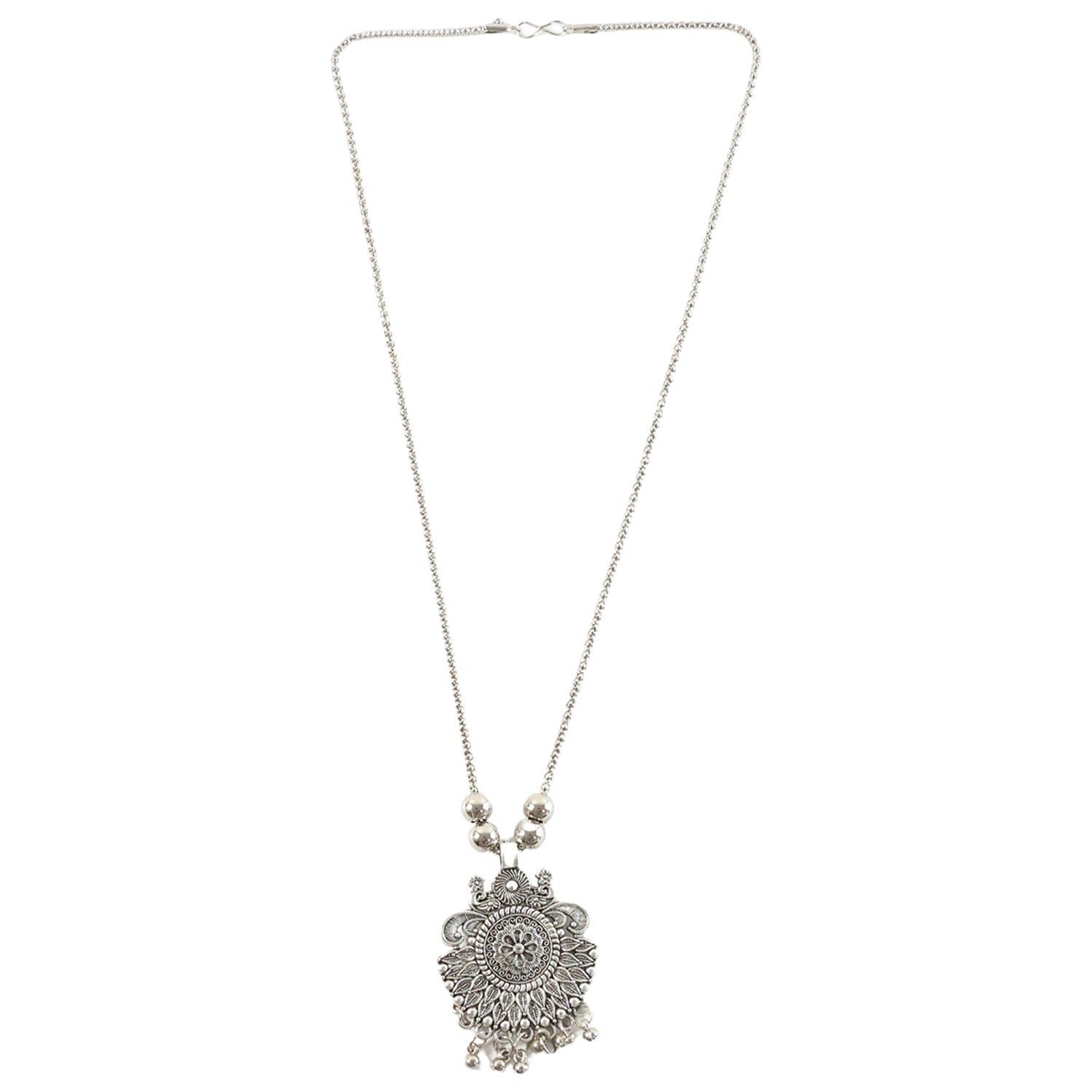 Oxidized Silver Finish Sunburst Floral Pendant Necklace (1 Pc)
