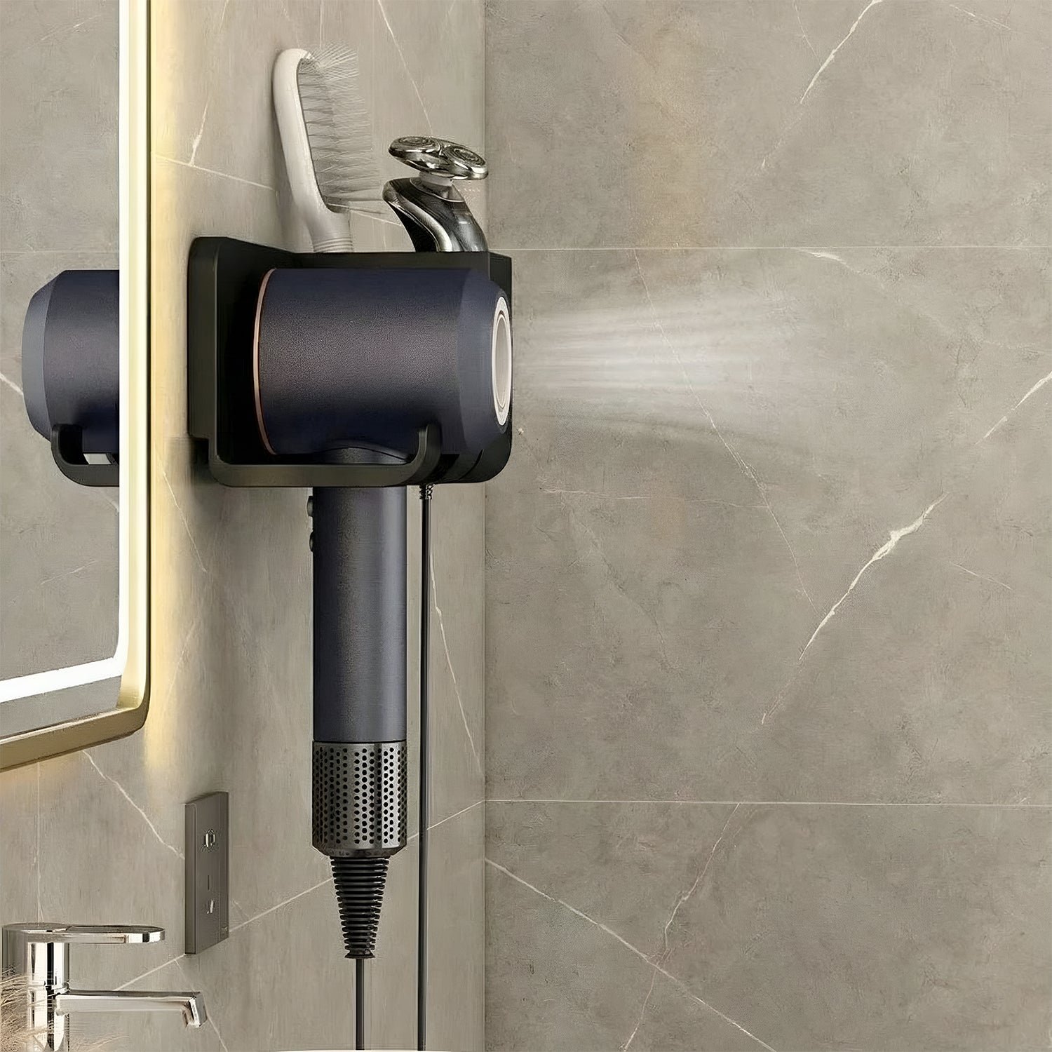 Wall Mounted Hair Dryer Holder with Multipurpose Organizer Shelf and Hook