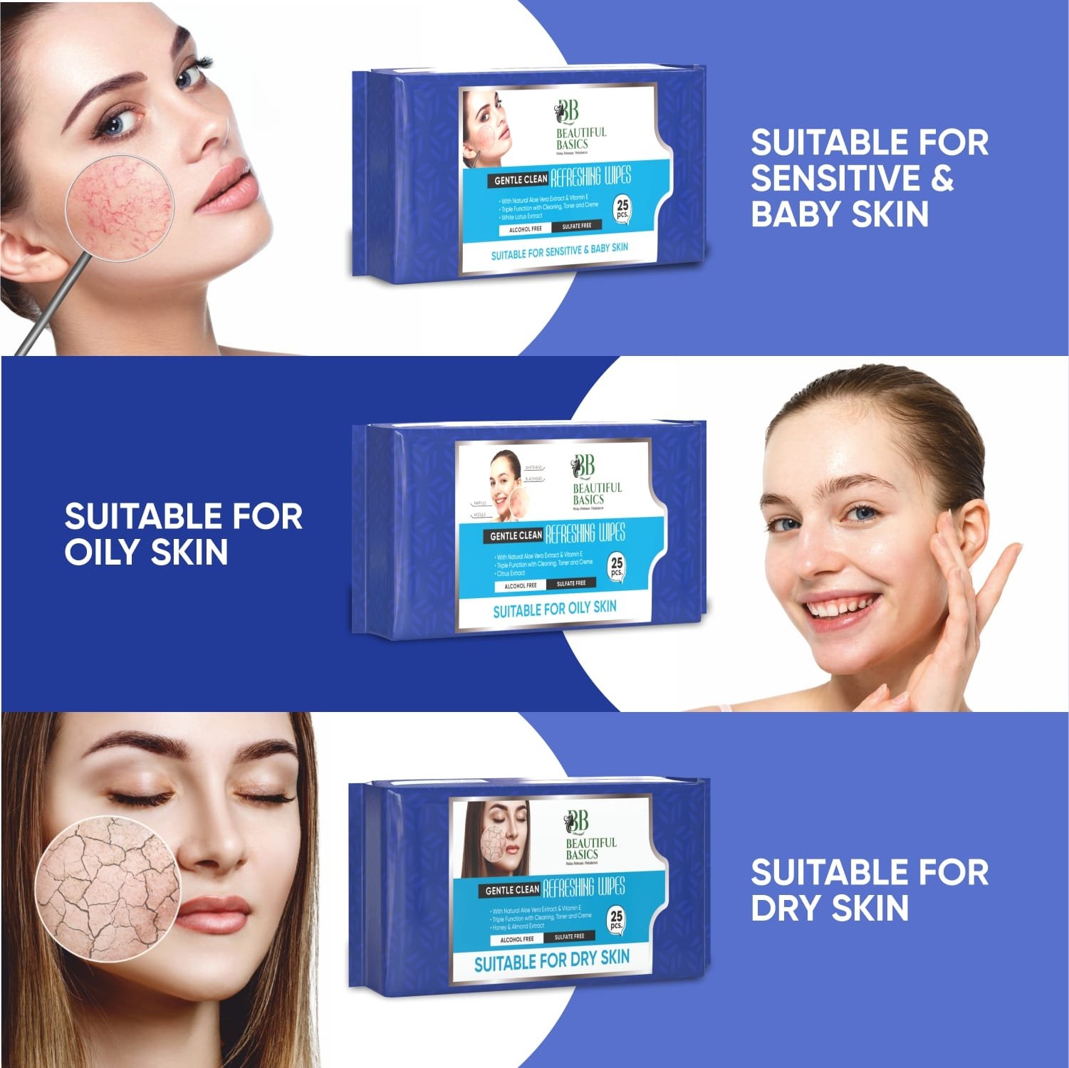 Beautiful Basics Dry, Oily, Sensitive & Normal Skin Face Wipes (4Pkt x 100 Pcs)