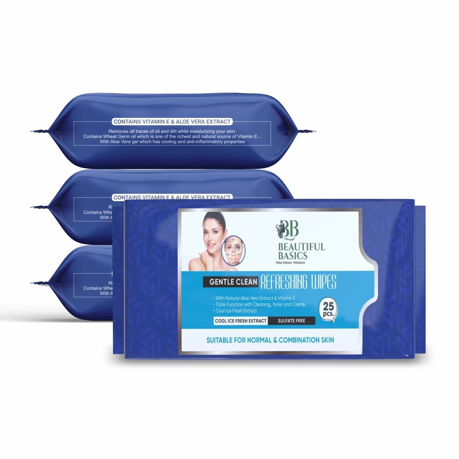 Beautiful Basics Dry, Oily, Sensitive & Normal Skin Face Wipes (4Pkt x 100 Pcs)