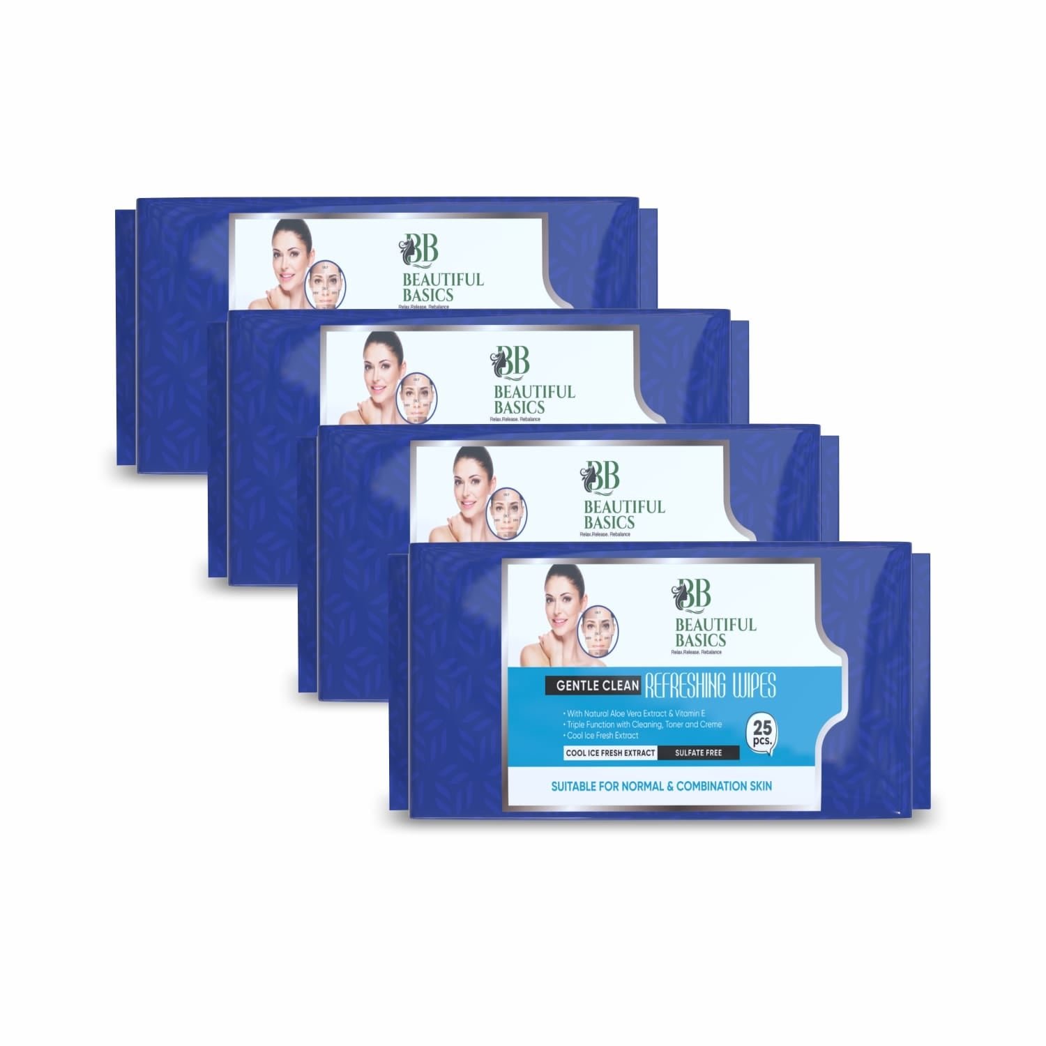 Beautiful Basics Dry, Oily, Sensitive & Normal Skin Face Wipes (4Pkt x 100 Pcs)