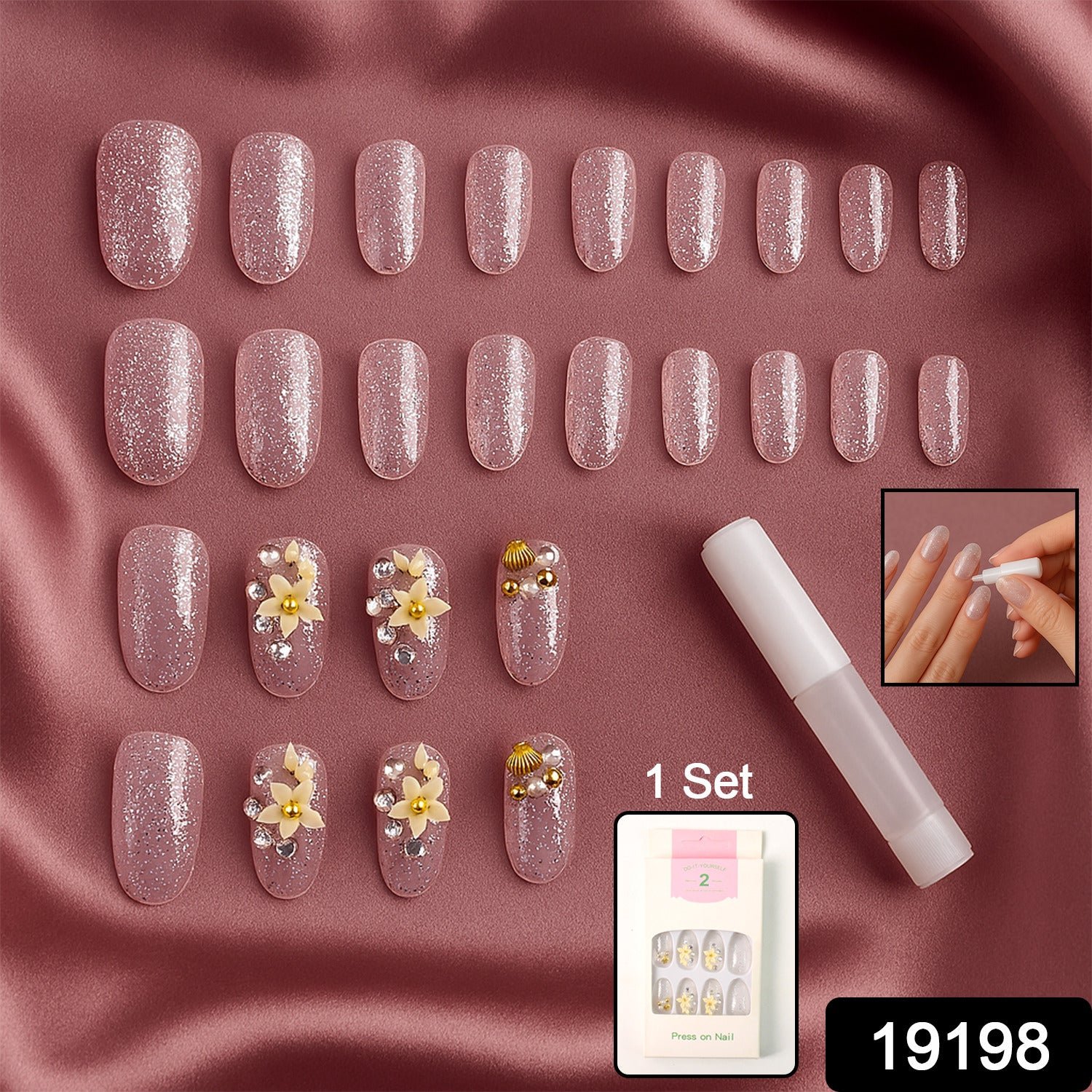 Glitter 3D Floral Press-On Artificial Nail Tips with Nail Glue fake nails (1 Set)