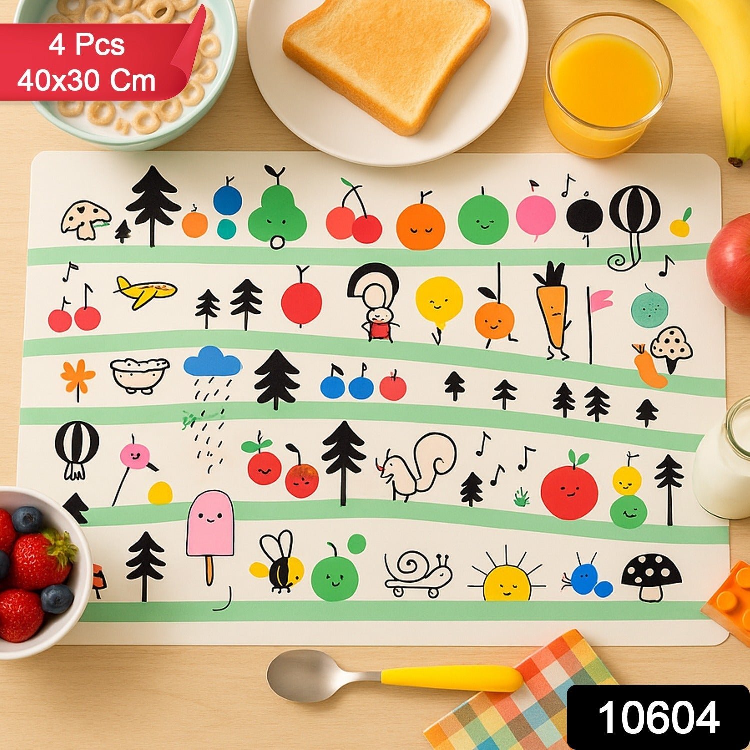 Colorful Cartoon Printed Dining Table Placemats for Kids (4 Pc / 40x30 Cm)