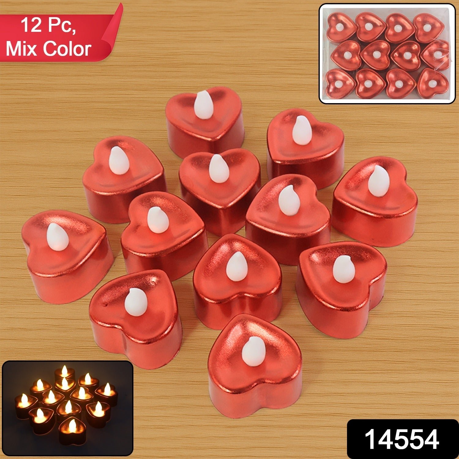 Heart Shaped LED Tea Light Candles (Mix Color / 12 Pc)