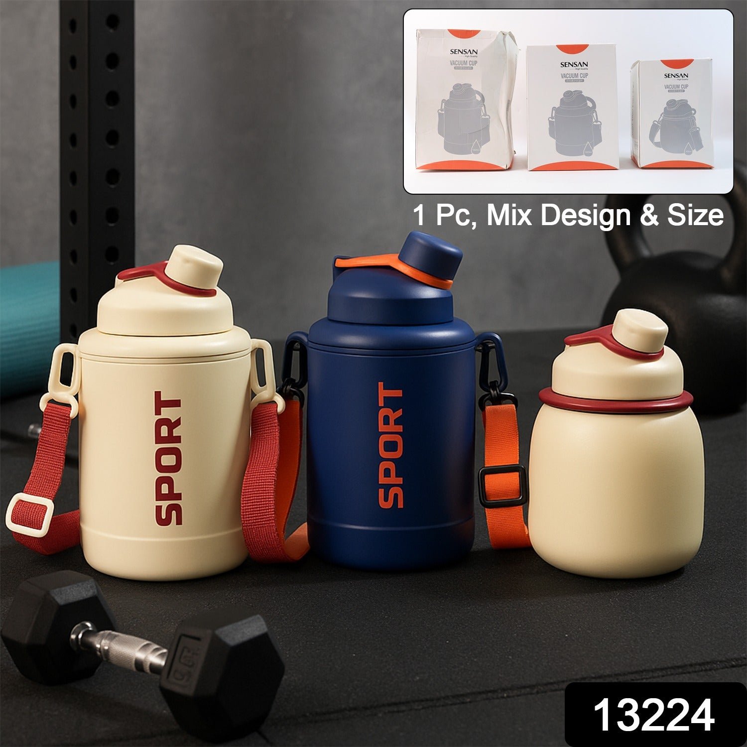 Sports Vacuum Bottle with Shoulder Strap 1 Pc Stylish Mix Design & Size