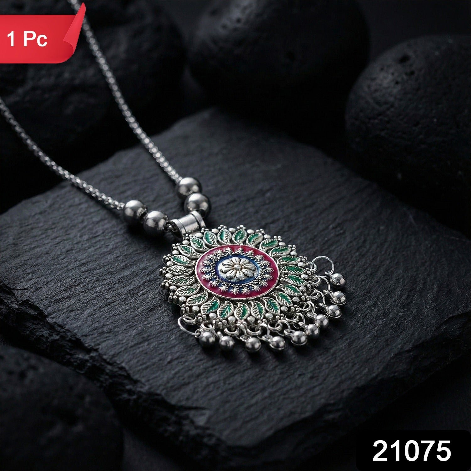 Antique Silver-Tone Oxidized Floral Mandala Pendant Necklace (1 Pc)