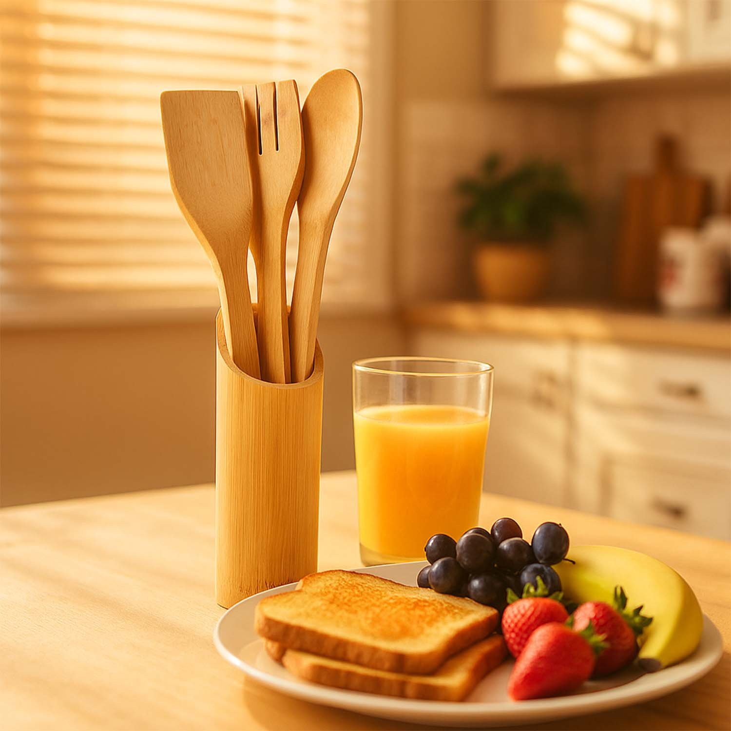 Eco-Friendly Bamboo Spatula Set with Holder (4 Pc)