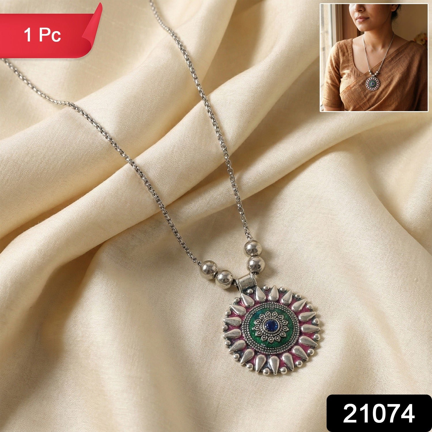 Oxidized Silver Finish Traditional Round Mandala Pendant Necklace (1 pC)