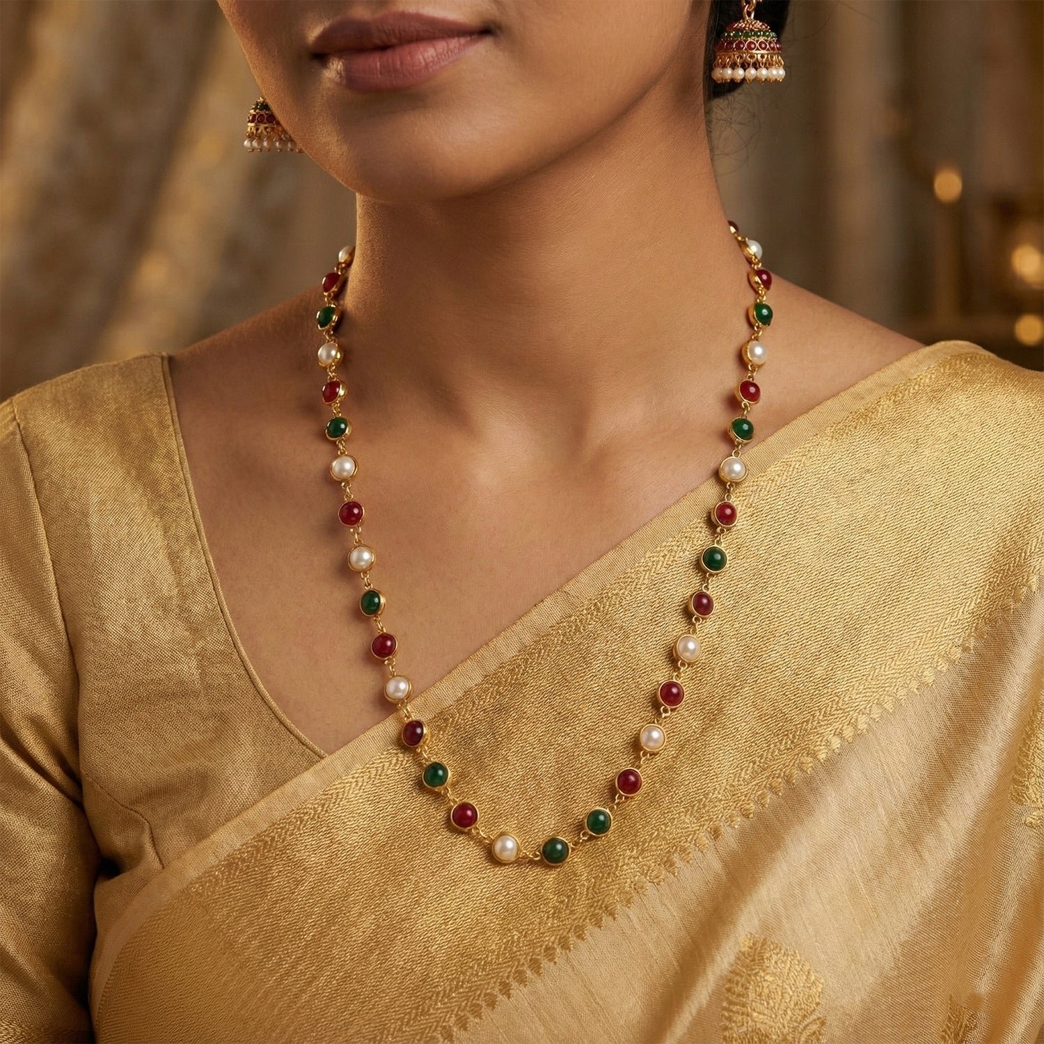 Traditional Multicolor Beaded Pearl Necklace with Red & Green Stone (1 Pc)