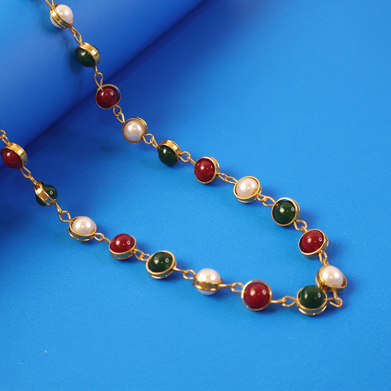 Traditional Multicolor Beaded Pearl Necklace with Red & Green Stone (1 Pc)