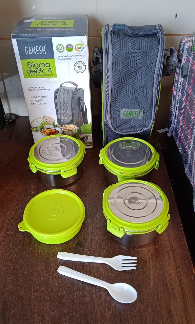 Stainless Steel Tiffin Lunch Box Container / Dabba with 4 Side Clip Lock Lid