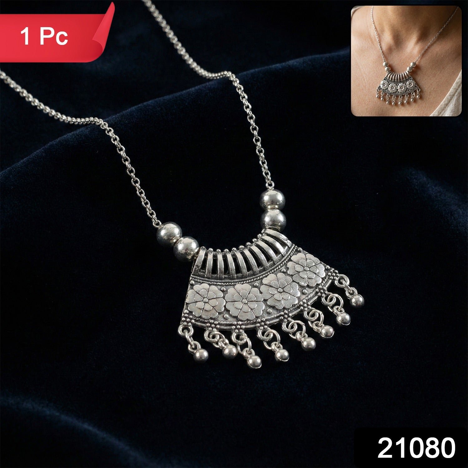 Oxidised Silver Finish Floral Chandelier Pendant Necklace (1 Pc)