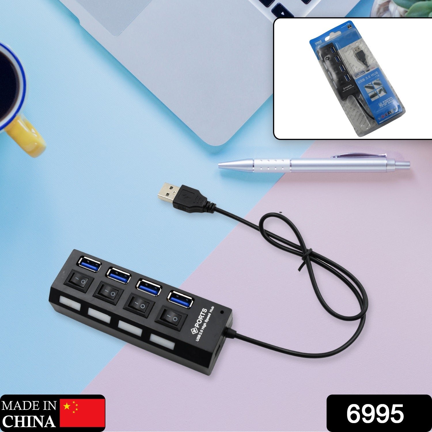 4 Port USB, HUB USB 2.0 HUB Splitter High Speed with On/Off Switch Multi LED Adapter