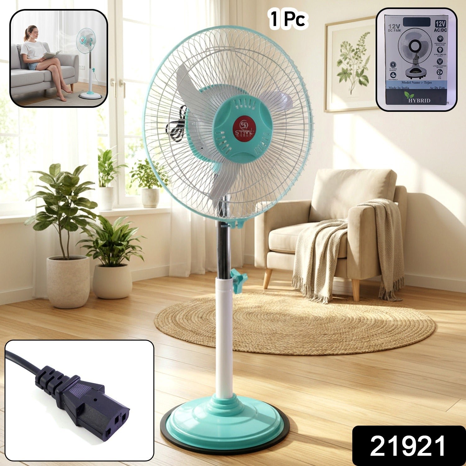 12V DC Hybrid Pedestal Table Fan with Plug and Play IEC C13 Power Cable