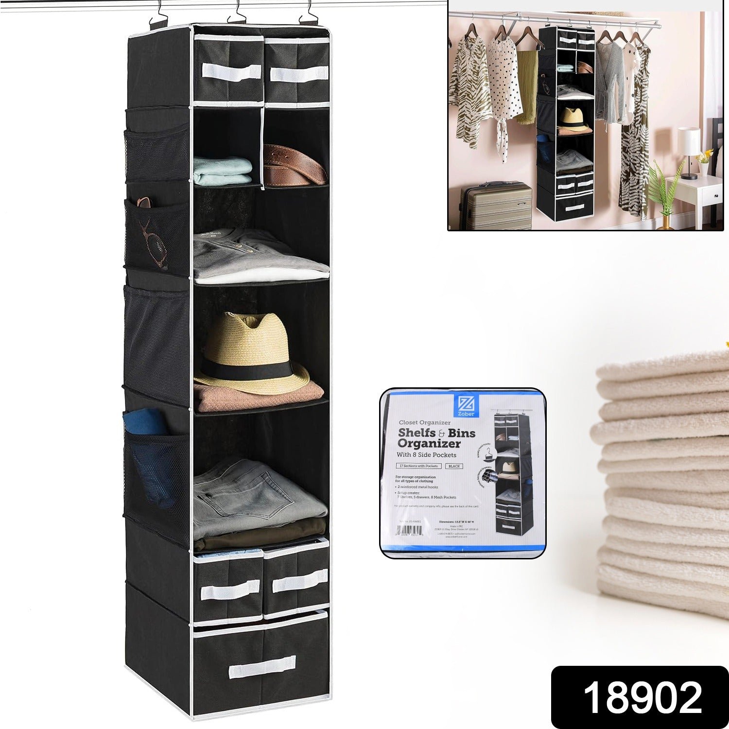 9 Shelf Hanging Closet Organizer with 5 Drawer Organizers