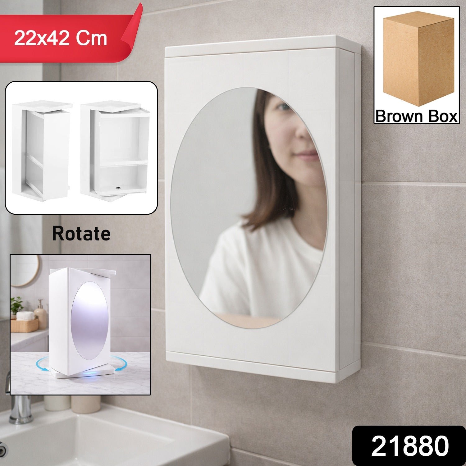 Wall Mounted Rotating Bathroom Mirror Cabinet (1 Pc, 22x42 Cm)