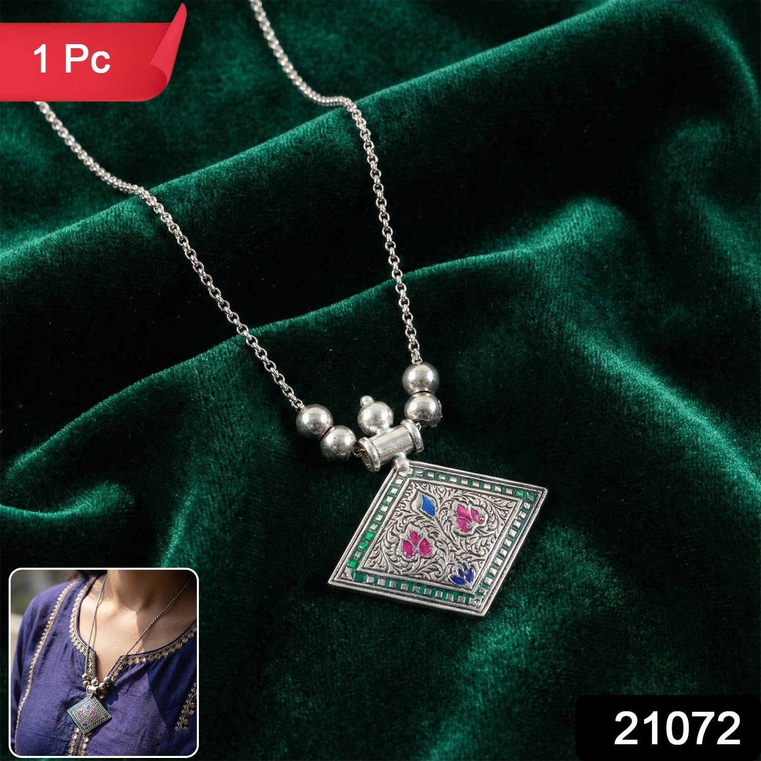 Traditional Square Motif Oxidised Silver Finish Pendant Necklace (1 Pc)