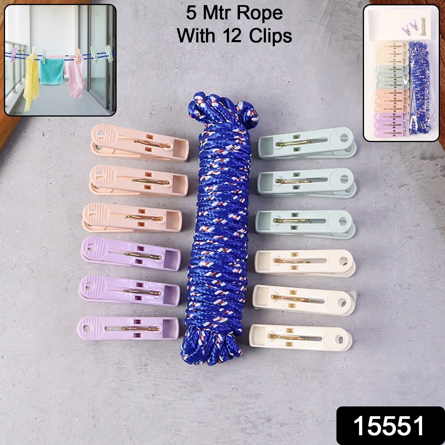 Clothesline Rope 12 Clips – 5 Meter Approx Heavy Duty Laundry Drying Rope with Clip