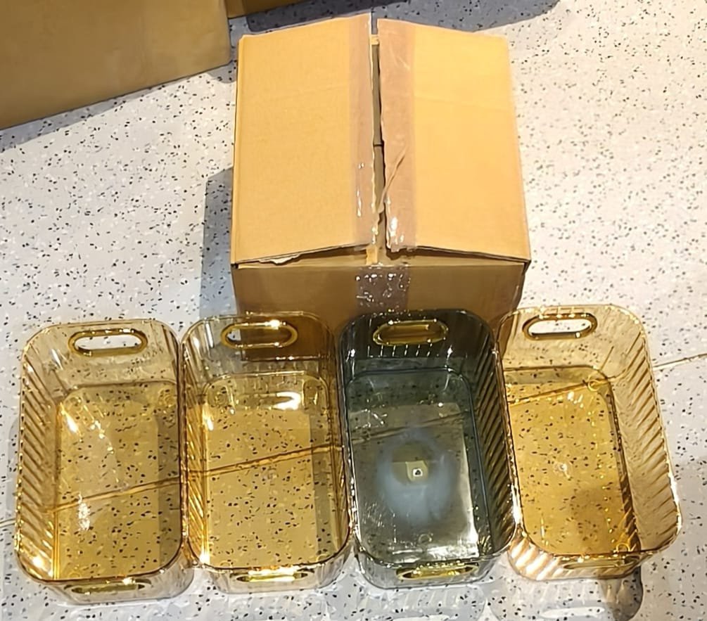 Premium Ribbed Transparent Storage Basket with Gold Handle  25×14 cm 4 Pc