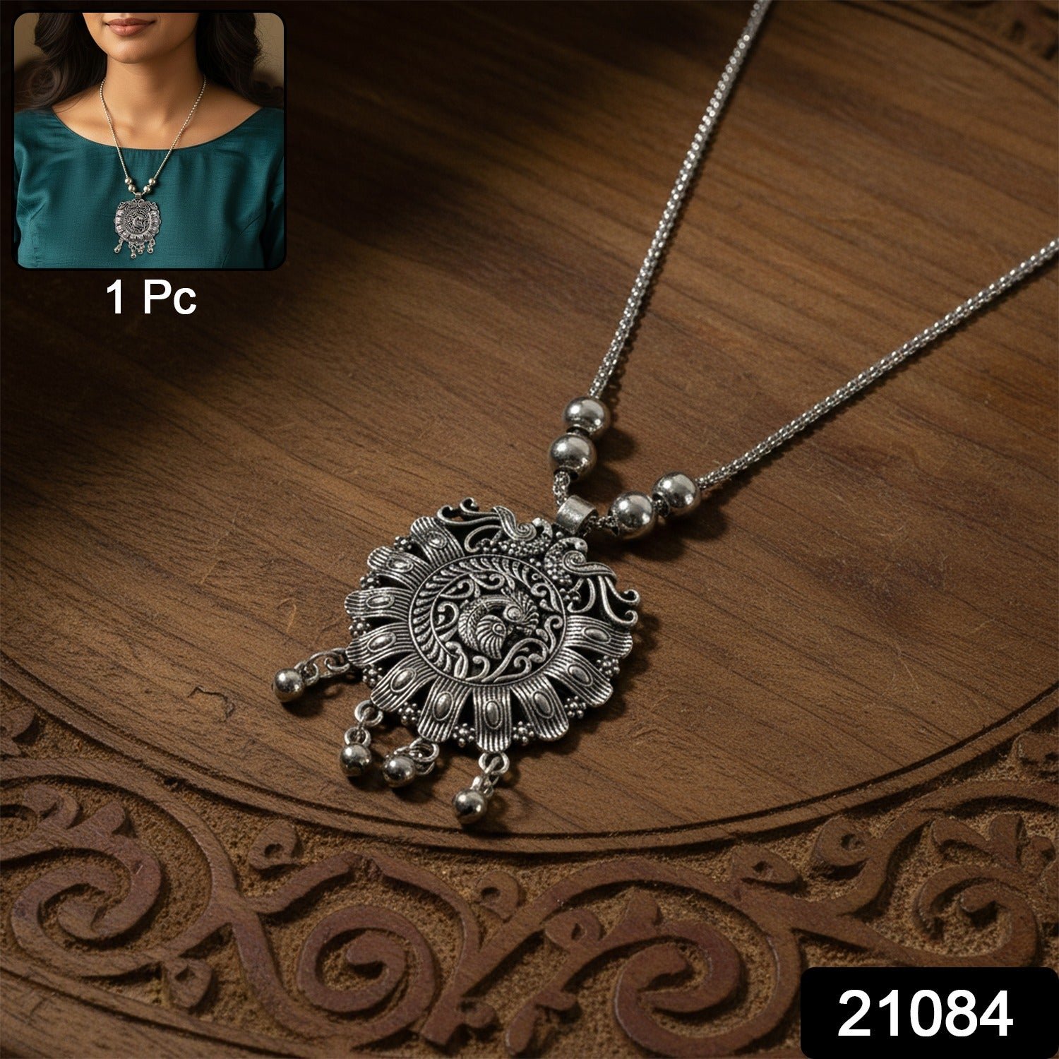 Antique Silver-Tone Oxidized Floral Medallion Pendant Necklace (1 Pc)