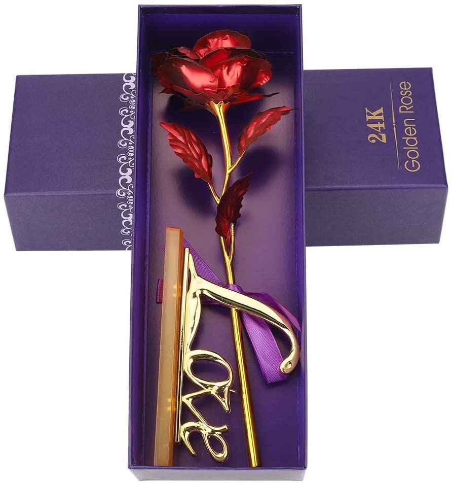 24k Gold Rose,hicoosee Gold Foil Plated Rose with LOVE Stand and Gift Box