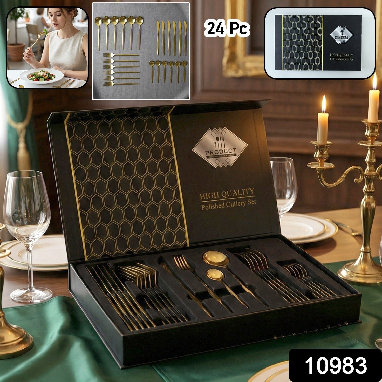 Premium Gold Finish Stainless Steel Cutlery Set with Luxury Gift Box (24 Pc Set)
