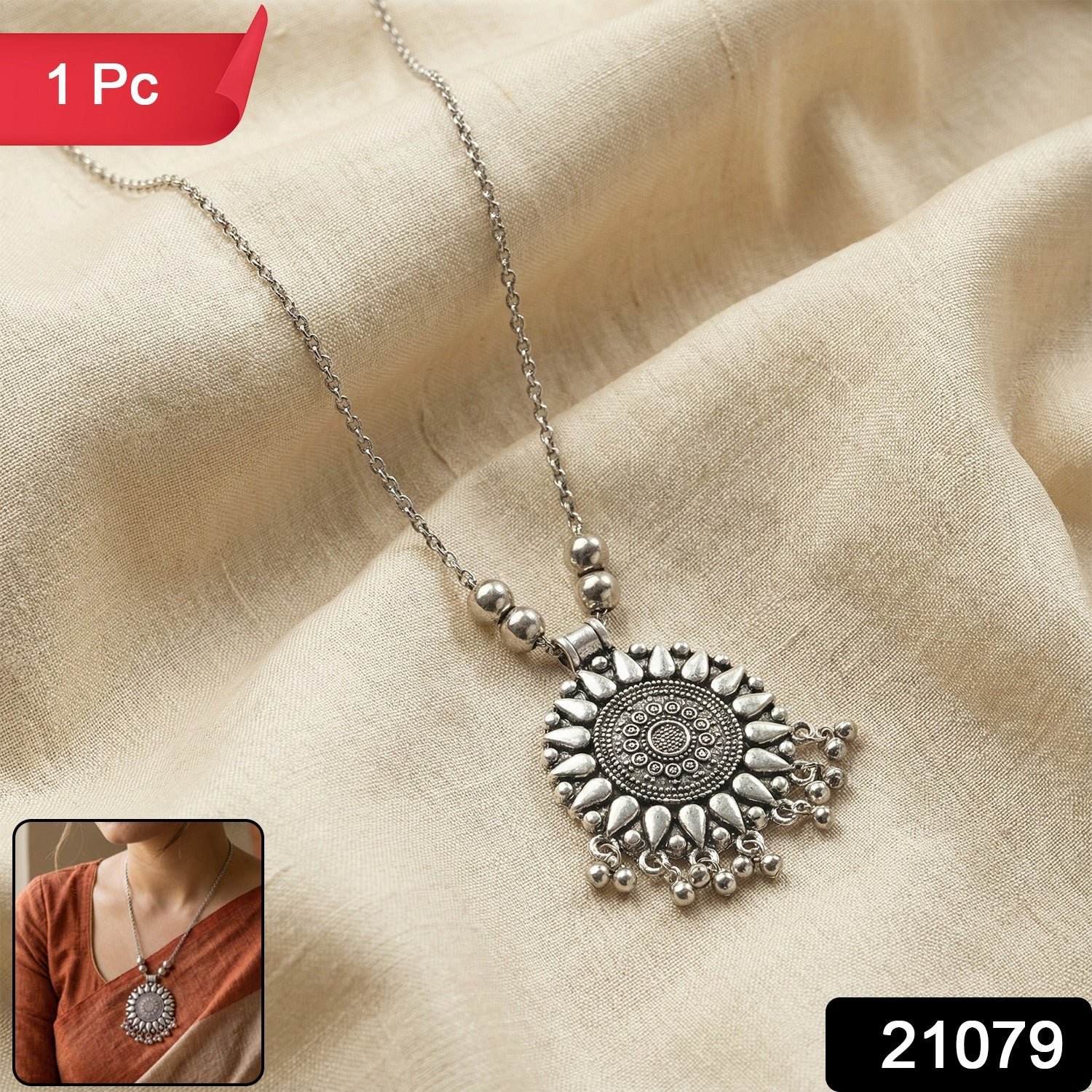 Oxidized Silver Finish Round Sunburst Pendant Necklace (1 Pc)