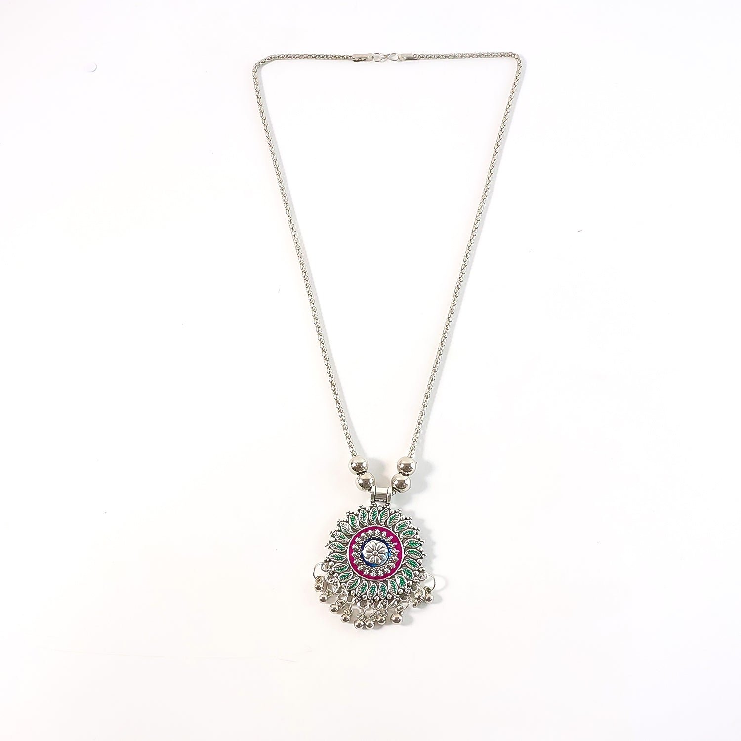 Antique Silver-Tone Oxidized Floral Mandala Pendant Necklace (1 Pc)