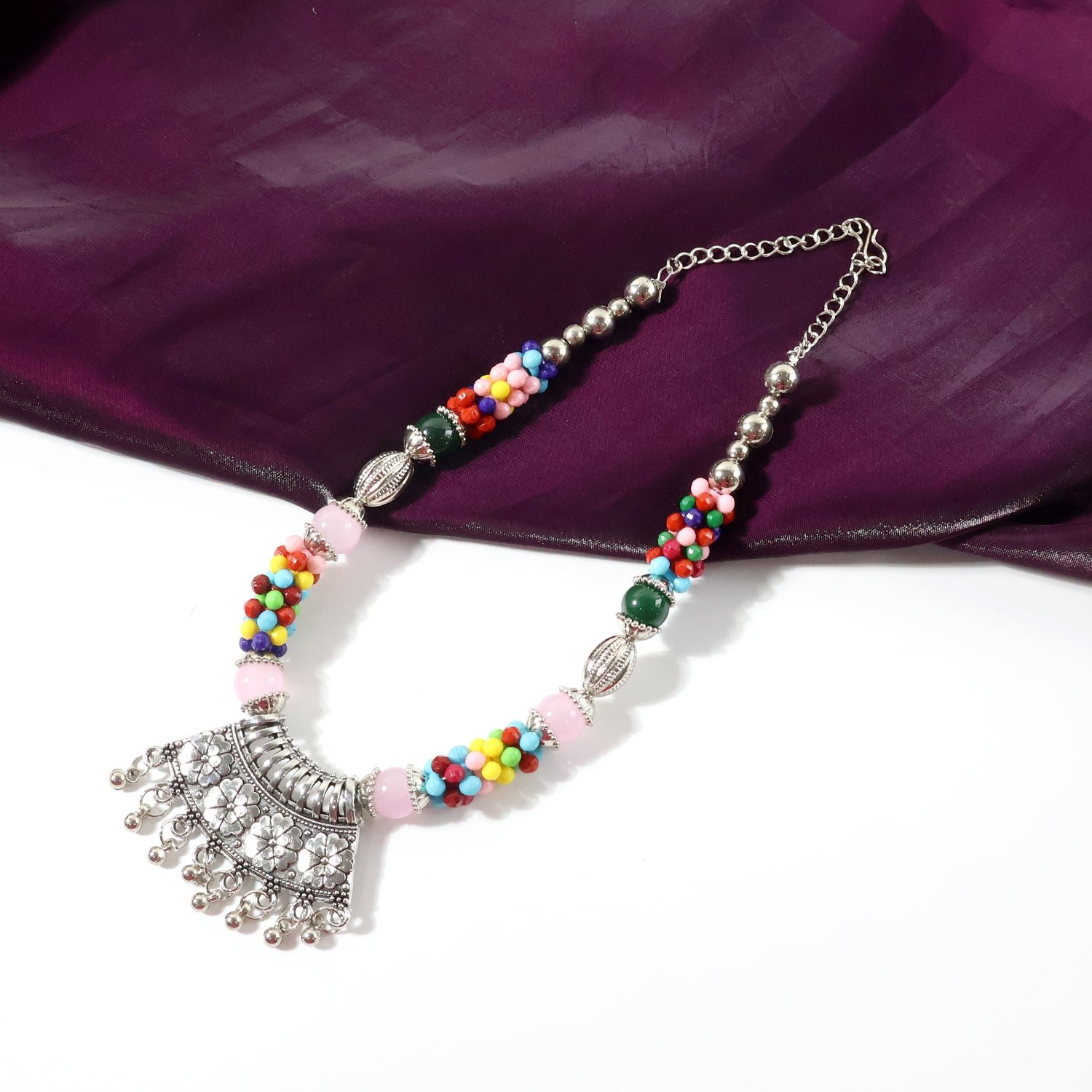 Premium Multicolor Beaded Oxidised Necklace (1 Pc Set)