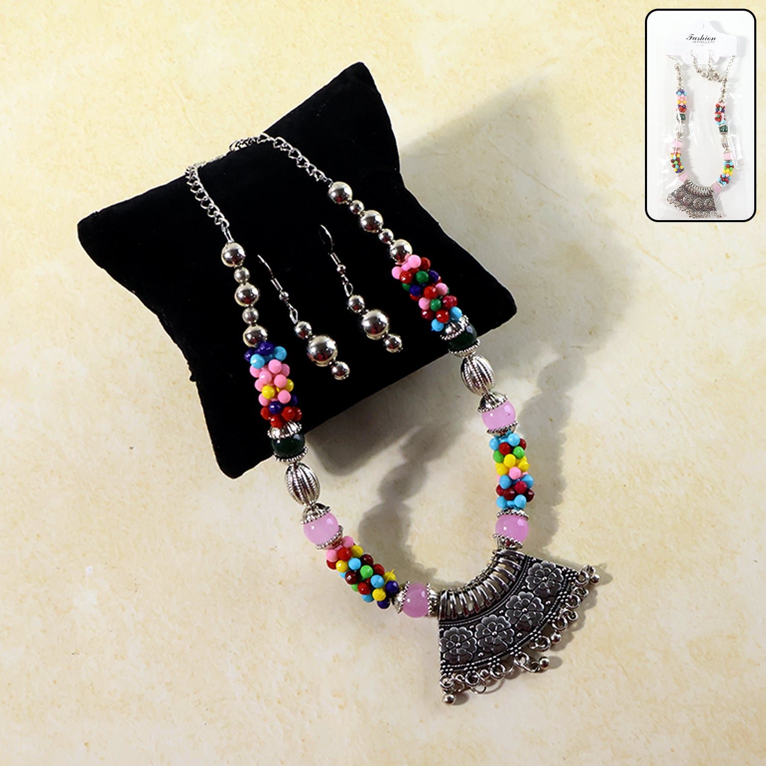 Premium Multicolor Beaded Oxidised Necklace (1 Pc Set)